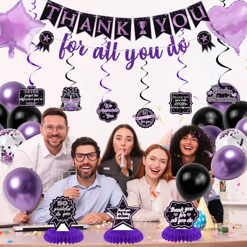 Vista 8 de Vlipoeasn Decoraciones de Pancarta We Appreciate You, Pancarta de Fondo Negro Morado Thank You for All You Do Panal de Abeja, Decoración de Oficina