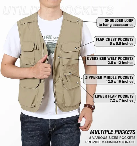 Vista 5 de LOUECHY Chaleco de pesca para hombre, chaleco ligero de viaje Safari con múltiples bolsillos