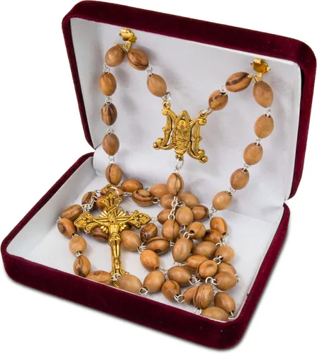 Vista 2 de Rosario de madera católica con medalla milagrosa de plata para hombres y mujeres, cuentas de madera de olivo de Tierra Santa de Israel con colgante