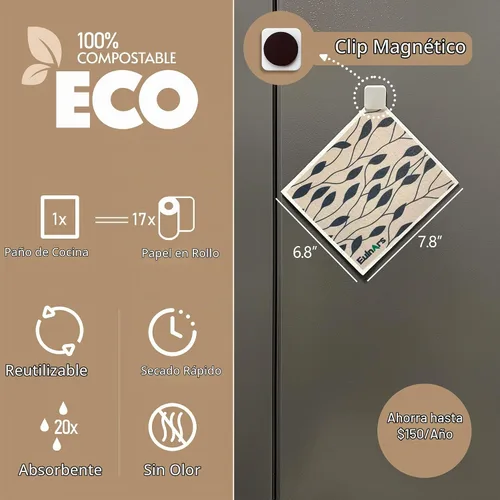 Vista 3 de Eulnars - Toallas de papel reutilizables, paquete de 8 paños de cocina suecos con 3 clips, negro y blanco, algodón, 200 lavados Negro Blanco