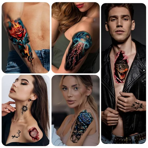 Vista 5 de 77 hojas de tatuajes temporales 3D para hombres y mujeres, diseño de león, tigre, dragón, araña, escorpión, serpiente, medusa, rosa, para cuello