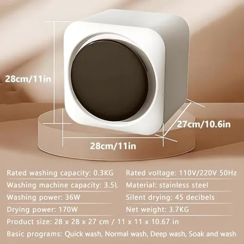 Vista 6 de Mini lavadora y secadora portátil 2 en 1, lavadora de carga frontal totalmente automática de 3.5 litros con control LCD para ropa pequeña, ropa
