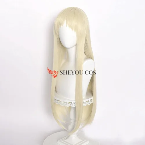 Vista 4 de Uearlid Peluca de anime Cosplay Kakegurui Runa Yomozuki, peluca larga y recta rubia con flequillo limpio resistente al calor, pelucas sintéticas