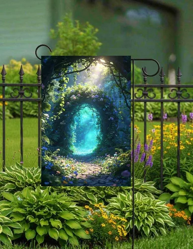 Vista 3 de Bandera de paisaje de fantasía, cuento de hadas, bosque, flores, puerta, jardín, patio, 12 x 18 pulgadas, poliéster de doble cara, bandera