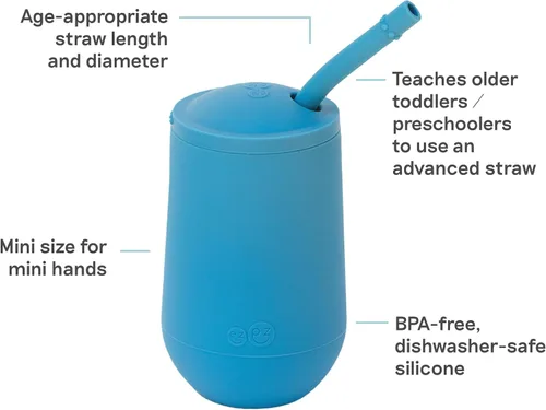 Vista 3 de ezpz Happy Cup + sistema de popote (azul) - 24 meses + - Taza 100% de silicona + popote para niños mayores + preescolares - Diseñado por un
