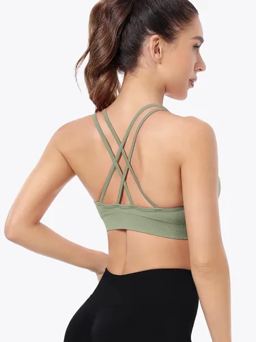Vista 3 de VEQKING Brasier deportivo fruncido para mujer, brasier de entrenamiento con espalda cruzada, acolchado y sin costuras, bralette de yoga
