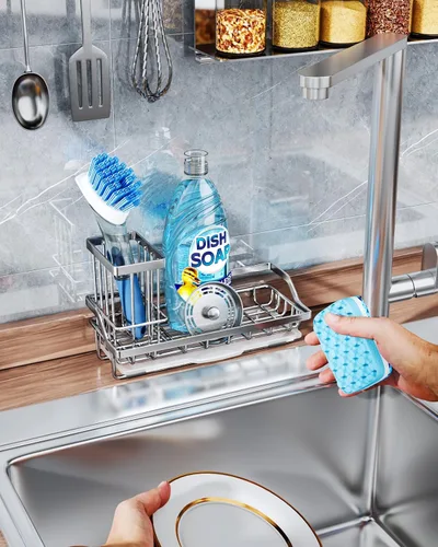 Vista 6 de Consumest Organizador para fregadero, soporte de esponja de cocina con soporte para cepillos de platos, organizador de cocina con bandeja de goteo