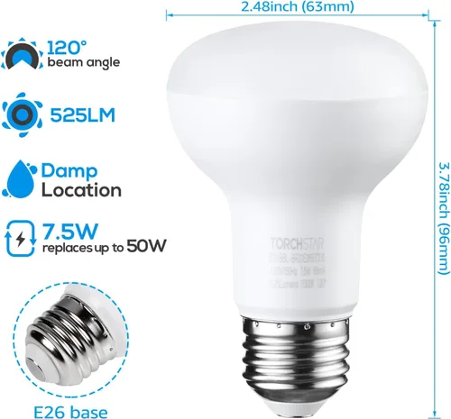 Vista 3 de TORCHSTAR Paquete de 8 bombillas LED BR20, luz de inundación para interiores R20, regulable, 7.5 W (50 W equivalente), UL y Energy Star, 3000 K
