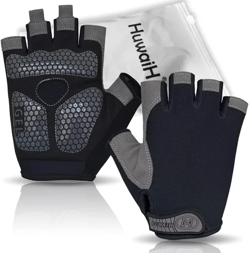 Vista 4 de HuwaiH Guantes de ciclismo para hombresmujeres, antideslizantes, amortiguadores, guantes de ciclismo con almohadilla de gel de medio dedo, guantes