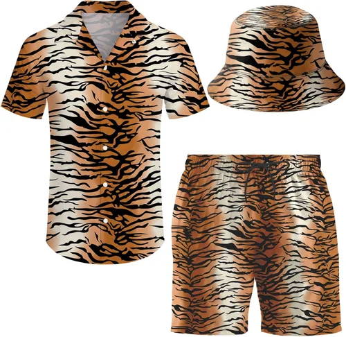 Vista 36 de Conjunto deportivo de 2 piezas para hombre, camisa hawaiana, pantalones cortos, camisa con botones y pantalones cortos con sombreros de pescador