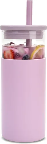 Vista 10 de Tronco Vaso de vidrio de 20 onzas con tapas y pajitas, vasos reutilizables para batidos con tapa de silicona, taza de café helado con funda