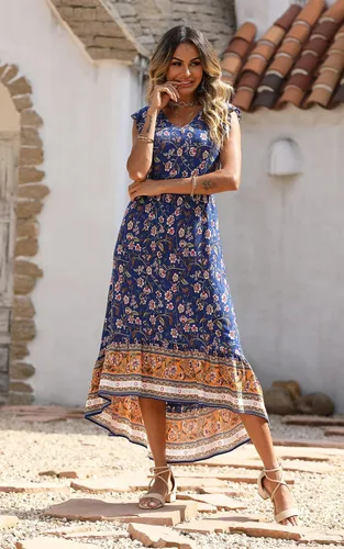 Vista 3 de PRETTYGARDEN Vestido largo de verano para mujer, casual, floral, cuello en V, mangas casquillo, bohemio, alto y bajo, vestido largo de sol