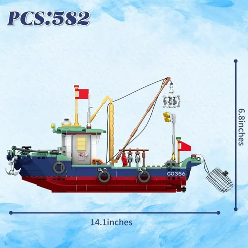 Vista 5 de Juego de bloques de construcción de barcos de pesca, juego de bloques de construcción de pesca en el mar, juego de juguetes de colección