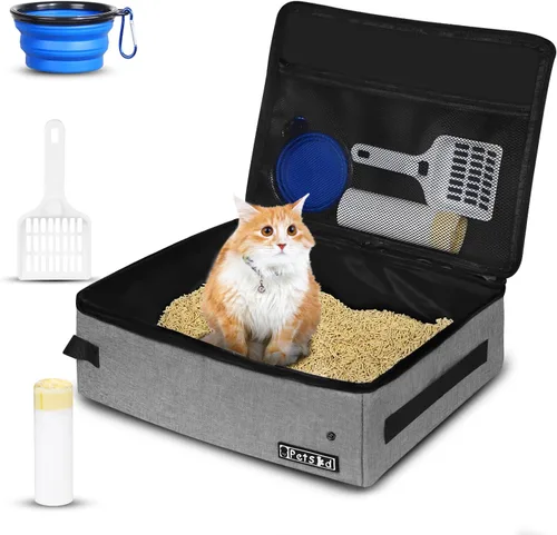 Vista 9 de Arenero portátil para gatos de viaje de Petskd con tapa y 10 bolsas desechables, a prueba de fugas y plegable, artículos de viaje esenciales