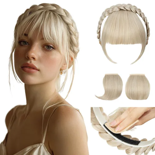 Vista 19 de SARLA Diadema trenzada con 3 flequillos desmontables con clips, extensiones de cabello con flequillo para mujer, banda de cabello sintética falsa