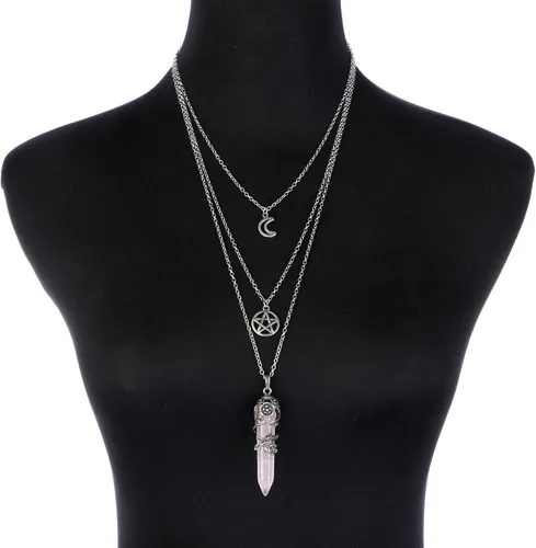 Vista 4 de MJartoria Collar de pentagrama de luna, collar de chakra de cristal, colgante, con dije, cadena de aleación multicapa, conjunto de gargantilla