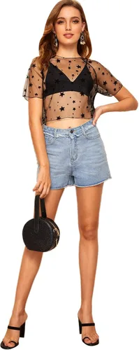 Vista 5 de Sweatyrocks - Blusa de manga corta de tela de malla transparente para mujer