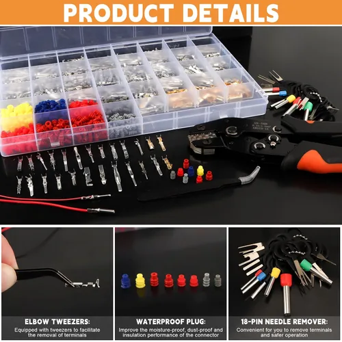 Vista 8 de Kit de conectores de clavija de 1379 piezas, conectores eléctricos con herramienta de engarzado, 28 tipos de pasadores de crimpado macho hembra