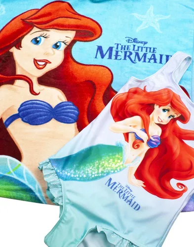 Vista 4 de Disney The Little Mermaid - Conjunto de traje de baño y poncho con capucha para niña