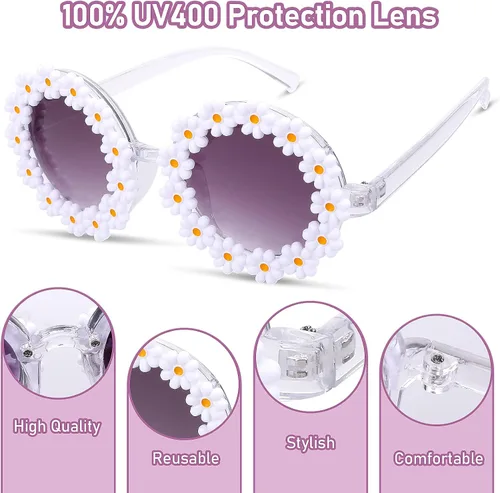 Vista 2 de Yolev 1 par de lentes de sol de margaritas redondas, marco de plástico, protección UV para mujeres, accesorios de playa de verano, Blanco