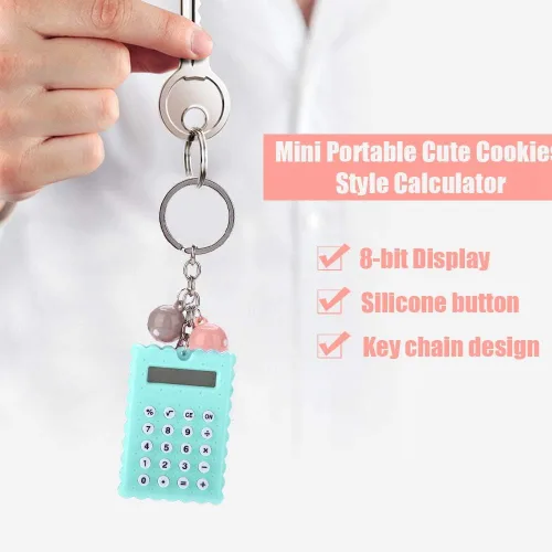 Vista 3 de fosa Mini calculadora portátil de llavero de galletas lindas para regalo de niños y niños, calculadora de función estándar de bolsillo