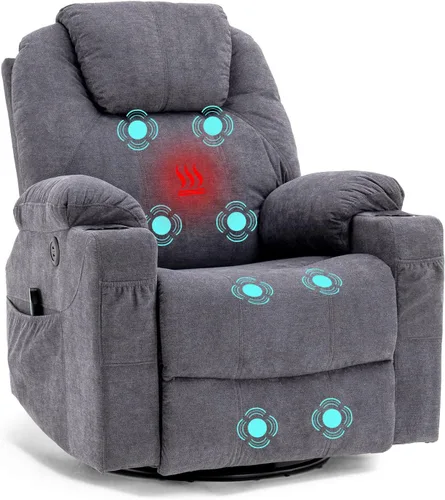 Vista 9 de Silla reclinable giratoria – Mecedora manual mecedora con masaje térmico ergonómico con 4 bolsillos, portavasos, puertos USB, control remoto (marrón)