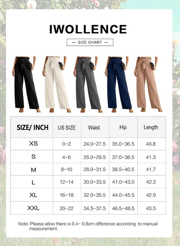 Vista 4 de IWOLLENCE - Pantalones de pierna ancha para mujer con bolsillos, cintura alta, nudo ajustable, holgados, casuales, para trabajo y negocios