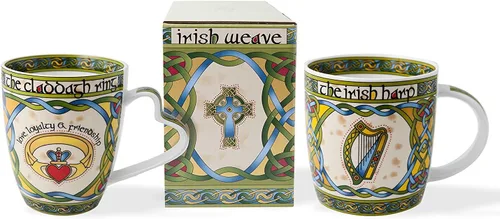 Vista 2 de Royal Tara Juego de tazas de porcelana irlandesa (claddagh irlandés y arpa) en una caja de regalo a juego de la colección Irish Weave