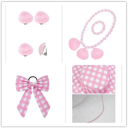 Vista 4 de Vestido de verano de princesa para niñas, disfraz a cuadros, sin mangas, con accesorios