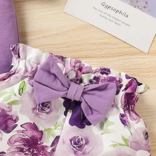 Vista 5 de Trajes florales para niñas y niñas, promovido a hermana mayor, camisa de manga corta + pantalones cortos con lazo floral + diadema, 3 piezas de ropa