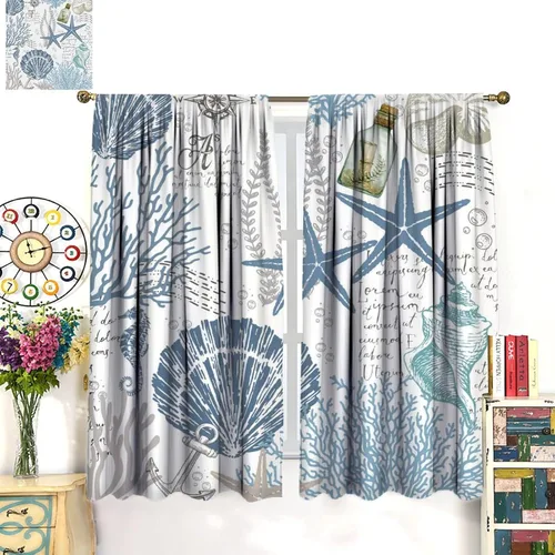 Vista 26 de Cortinas de decoración de playa con océano azul, peces náuticos costeros playeros de verano, conchas marinas, temática infantil, dormitorio, sala