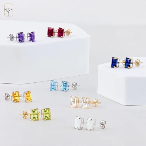 Vista 6 de 14k Gold Solitaire Emerald Cut Stud Earrings for Women 7x5mm Birthstone Earrings Gemstone Earrings for Women Gemstone Stud Earrings for Women by