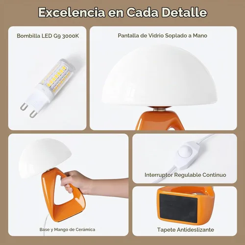 Vista 7 de Lámpara de hongo, pequeña lámpara de mesa para dormitorio, lámpara de noche creativa geométrica con base de cerámica, lámpara de mesa auxiliar
