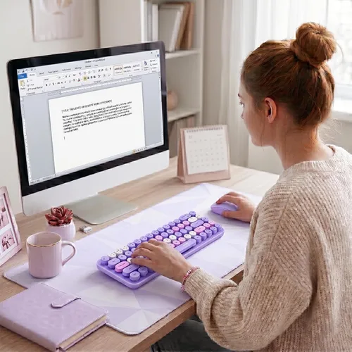 Vista 12 de Combo compacto de teclado y mouse inalámbricos, teclas redondas coloridas, 68 teclas sin sonido, adecuado para niñas y niños, compatible con Azul