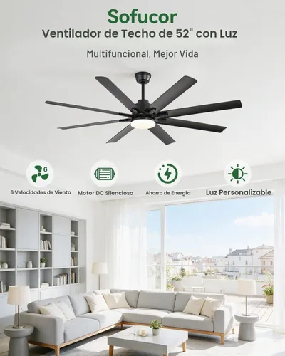 Vista 8 de Sofucor - Ventiladores de techo de 52 pulgadas con luces, ventilador de techo inteligente para interior/exterior con control remoto, funciona
