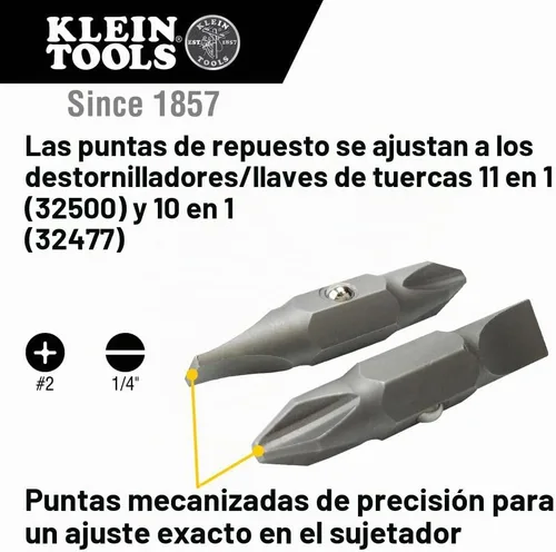 Vista 2 de Klein Tools 32483 Punta para destornillador de tuerca Klein de 11 en 1 y 10 en 1, Phillips #2, ranurada de 1/4 pulgadas