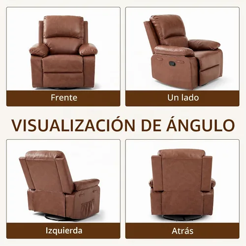 Vista 7 de Silla reclinable de cuero mecedora giratoria de 360° para adultos Camello