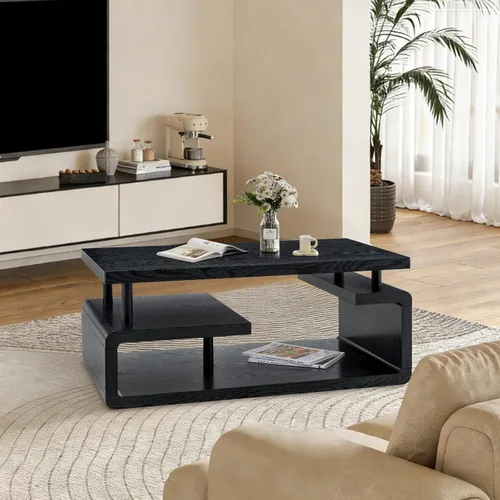 Vista 9 de Mesa auxiliar de 43.3 pulgadas, mesa central moderna de 3 niveles con almacenamiento, mesa de centro grande de madera para sala de estar, oficina