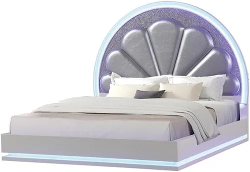 Vista 4 de Atlin Designs Cama Queen de madera moderna con cabecero en forma de luna en blanco lechoso