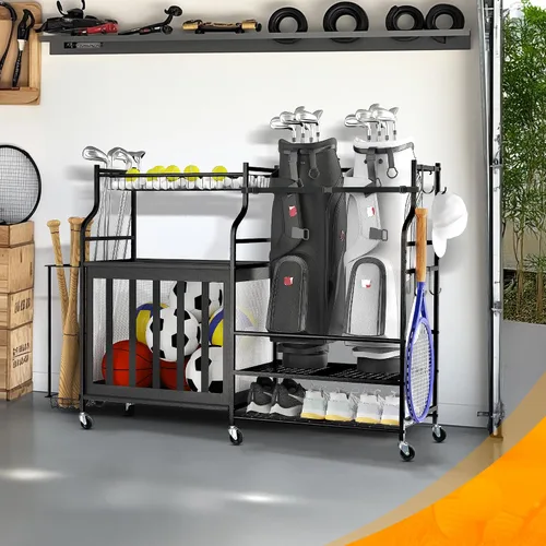 Vista 7 de PLKOW Organizador de Equipo Deportivo, Estante de Almacenamiento de Bolas para Garaje, Organizador para 2 Bolsas de Golf y Equipo Deportivo