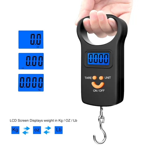 Vista 4 de SKEAP Báscula digital para equipaje, 110 libras / 110.2 lbs, pantalla LCD retroiluminada, báscula de pesca con 2 pilas AAA incluidas, regalos