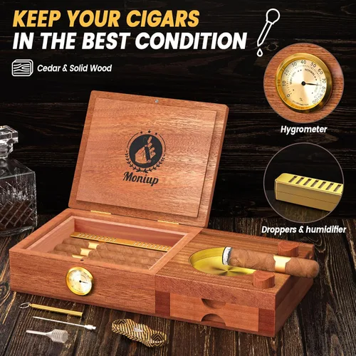 Vista 4 de Juego de humidor y cenicero con forro de madera de cedro, con cortador de puros, higrómetro, humidificador, potenciador de dibujo, bandeja de whisky