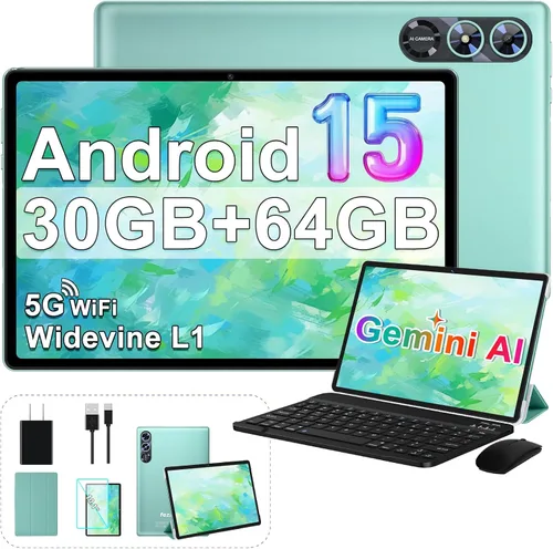 Vista 8 de Tableta 2025 con Android 15 de 10 pulgadas con teclado de 30 GB de RAM 64 GB ROM, tableta 2 en 1 Octa-Core con Gemini AI, WiFi 5G, 6000 mAh