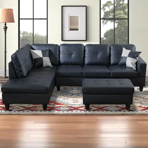 Vista 14 de Sofá modular para sala de estar, sofá seccional de cuero marrón en forma de L con diván y otomano de almacenamiento para sala de estar, B- marrón