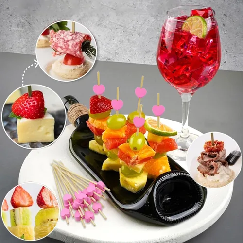 Vista 2 de Paquete de 100 palillos de dientes elegantes para aperitivos de 4.7 pulgadas de largo, palillos de cóctel de bambú de 4.7 pulgadas de largo, corazón