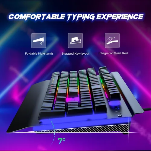 Vista 3 de RisoPhy Teclado para juegos, panel de metal de 104 teclas, teclado silencioso retroiluminado LED arco iris, reposamuñecas, teclas multimedia