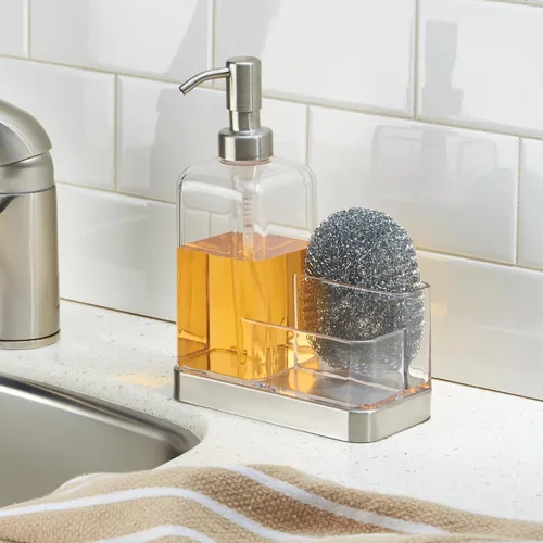 Vista 4 de iDesign 67080 Forma Bomba de Jabón de Plástico con Organizador, Dispensador con Compartimento de Almacenamiento para Baño, Encimeras de Cocina