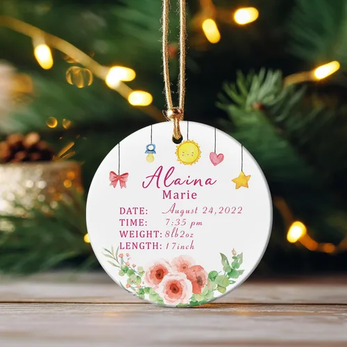 Vista 5 de Adorno personalizado de primera Navidad para bebé con nombre, personaliza la fecha de nacimiento de tu bebé, hora de nacimiento, peso y altura, bebé