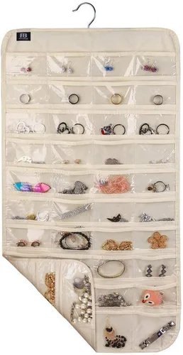 Vista 2 de BB Brotrade Organizador colgante de joyas, organizador de accesorios, organizador de 80 bolsillos para guardar joyas (beige)