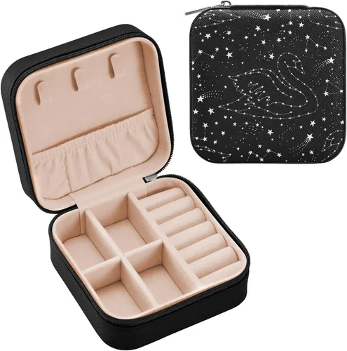 Vista 2 de Tatenale Joyero de viaje pequeño organizador de joyas para anillos, aretes, collares, niñas, mujeres, hombres, estrella fugaz blanca y cisne, negro